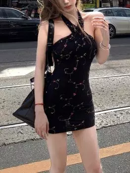 Повседневное облегающее сексуальное платье женское Y2k винтажное элегантное мини-платье даже вечерние корейская мода шикарная летняя тонкая новая одежда без рукавов XS чёрный