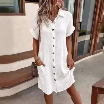 Повседневное однобортное платье средней длины с коротким рукавом для женщин S белый