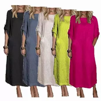 Повседневное однотонное длинное платье для женщин, платье макси с круглым вырезом и пуговицами, коротким рукавом, свободной талией и карманом. Элегантное модное дышащее мягкое рабочее платье для отпуска. S белый