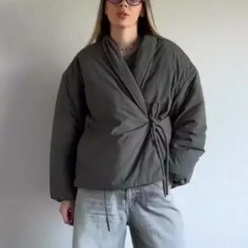 Повседневное однотонное пальто на шнуровке для женщин из хлопка с V-образным вырезом и роскошными карманами, осенние толстые куртки для женщин, шикарная уличная универсальная верхняя одежда, топы XS серый