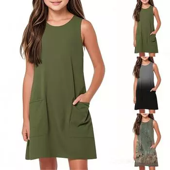 Повседневное однотонное платье без рукавов для девочек M чёрный