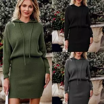 Повседневное платье 2024 года, осень-зима, новое однотонное платье средней длины с капюшоном, трикотажное платье на талии и бедрах S слоновая кость