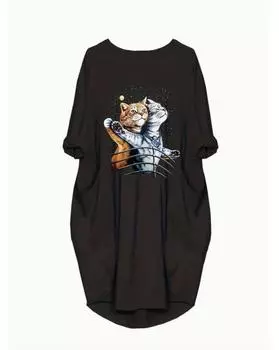 Повседневное платье больших размеров, женское легкое эластичное мешковатое платье с длинными рукавами и круглым вырезом с милым кошачьим принтом и карманами 1XL чёрный