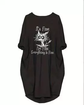 Повседневное платье больших размеров, женское, с забавным принтом кота и лозунга, с длинным рукавом, круглым вырезом, слегка эластичное мешковатое платье с карманами 1XL чёрный