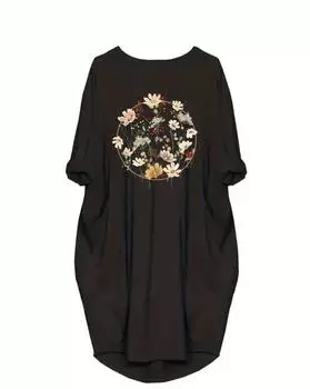 Повседневное платье больших размеров, женское платье с цветочным принтом, длинным рукавом, круглым вырезом, свободным кроем, мешковатое платье 1XL чёрный