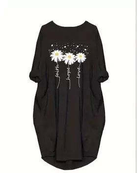 Повседневное платье больших размеров, женское платье больших размеров с цветочным принтом и буквенным принтом, с закатанными рукавами и круглым вырезом, с карманами 1XL чёрный