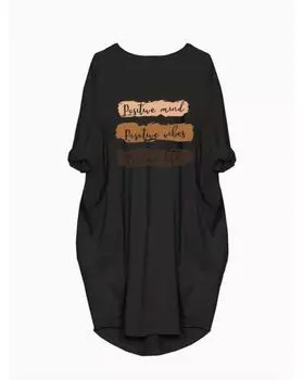 Повседневное платье больших размеров, женское платье с цветным принтом в виде букв, закатанными рукавами, круглым вырезом и карманами 1XL чёрный