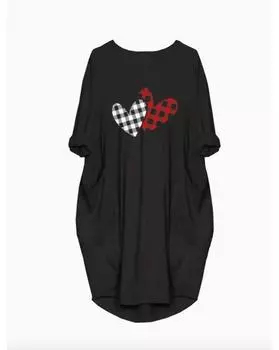 Повседневное платье больших размеров, женское, с принтом в виде сердца, с длинным рукавом, круглым вырезом, мешковатое платье с карманами 1XL чёрный