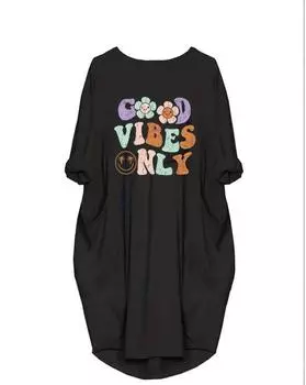 Повседневное платье больших размеров, женское платье больших размеров с яркими буквами и цветочным принтом, с закатанными рукавами, круглым вырезом, слегка эластичное платье большого размера с большими карманами 1XL чёрный