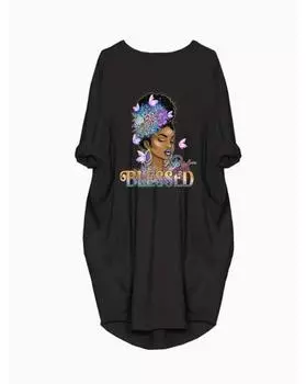 Повседневное платье больших размеров, женское, с рисунком леди из мультфильма и буквенным принтом, с длинным рукавом, круглым вырезом, мешковатое свободное платье 1XL чёрный