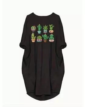 Повседневное платье больших размеров, женское платье с милым принтом кактусов, закатанными рукавами, круглым вырезом, слегка растягивающееся, с большими карманами 1XL чёрный