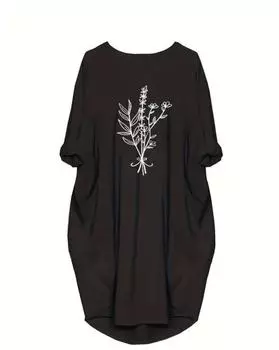 Повседневное платье больших размеров, женское платье с цветочным принтом, подвернутыми рукавами, круглым вырезом, слегка эластичное платье с карманами 1XL чёрный