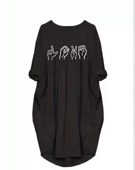 Повседневное платье больших размеров, женское эластичное мешковатое платье с длинными рукавами и принтом жестов, круглым вырезом и карманами 1XL чёрный