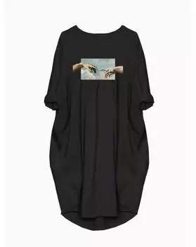 Повседневное платье больших размеров, женское эластичное мешковатое платье с длинными рукавами и круглым вырезом с принтом больших рук и карманами 1XL чёрный