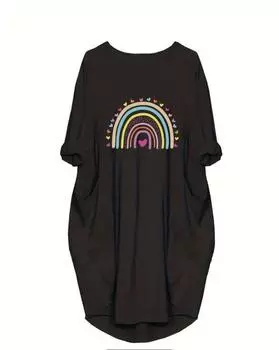 Повседневное платье больших размеров, женское мешковатое платье с длинными рукавами и принтом в виде сердца и радуги с круглым вырезом и карманами 1XL чёрный