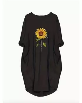 Повседневное платье больших размеров, женское, с принтом подсолнухов, длинными рукавами, круглым вырезом, слегка эластичное мешковатое платье с карманами 1XL чёрный