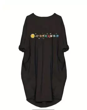 Повседневное платье больших размеров, женское платье с принтом «Планета плюс», рукавами-подворотами, круглым вырезом, слегка эластичное, с большими карманами 1XL чёрный