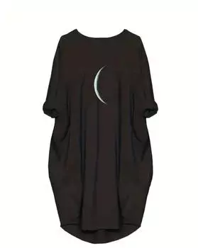 Повседневное платье больших размеров, женское, с принтом луны, длинными рукавами, круглым вырезом, слегка эластичное мешковатое платье с карманами 1XL чёрный