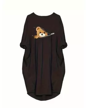 Повседневное платье больших размеров, женское платье больших размеров с завернутыми рукавами и круглым вырезом, слегка эластичное платье оверсайз с большими карманами 1XL чёрный