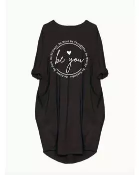 Повседневное платье больших размеров, женское свободное мешковатое платье с круглым вырезом и длинным рукавом с принтом больших размеров 1XL чёрный