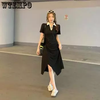 Повседневное платье большого размера с воротником-поло, модное длинное платье с воротником-поло, модное длинное платье, открытое платье с бретелями L чёрный