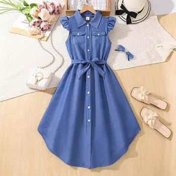 Повседневное платье для девочек, летнее детское платье-рубашка с рукавами-крылышками в ковбойском стиле 130cm=8Y синий