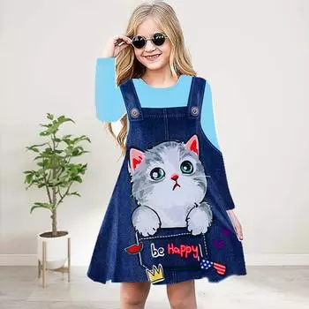 Повседневное платье для девочек с 3D-принтом и желтым котом, с круглым вырезом и длинными рукавами, детское платье принцессы 80 фиолетовый