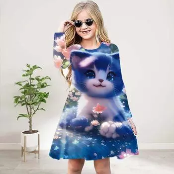 Повседневное платье для девочек с 3D-принтом и круглым вырезом, с длинными рукавами, с рисунком в виде оранжевого кота, детское платье принцессы 80 белый