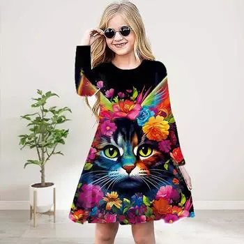 Повседневное платье для девочек с 3D-принтом, красным цветком и кошкой, с круглым вырезом и длинными рукавами, детское платье принцессы 80 красный