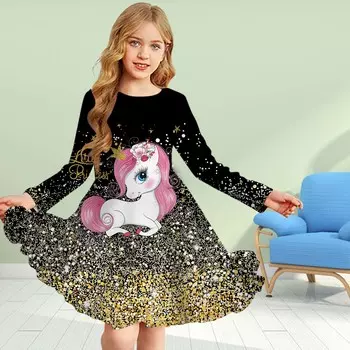 Повседневное платье для девочек с 3D-принтом и золотым единорогом, с круглым вырезом и длинными рукавами, детское платье принцессы 80 золотой