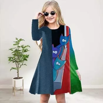 Повседневное платье для девочек с 3D-принтом, струящимся песком и блестящим котом, с круглым вырезом и длинными рукавами, детское платье принцессы 80 синий