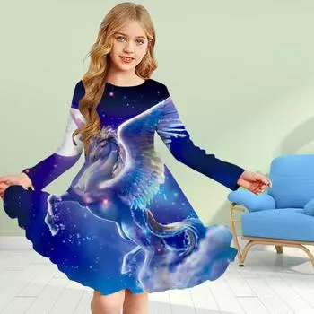 Повседневное платье для девочек с 3D-принтом, фиолетовым единорогом, круглым вырезом и длинными рукавами, детское платье принцессы 80 белый