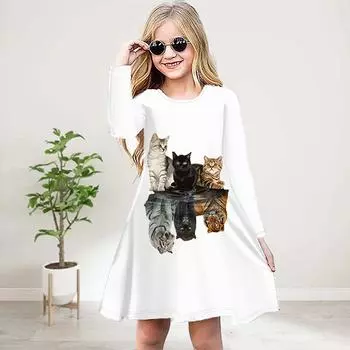 Повседневное платье для девочек с 3D-принтом, круглым вырезом и длинными рукавами, детское платье принцессы 80 белый