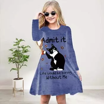 Повседневное платье для девочек с 3D-принтом, круглым вырезом и длинными рукавами, детское платье принцессы 80 синий