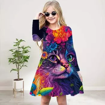Повседневное платье для девочек с 3D-принтом, фиолетовым цветком и котом, круглым вырезом, длинными рукавами, детское платье принцессы 80 фиолетовый