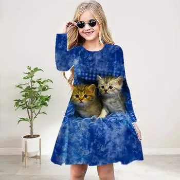 Повседневное платье для девочек с 3D-принтом, синим котом, круглым вырезом и длинными рукавами, детское платье принцессы 80 белый