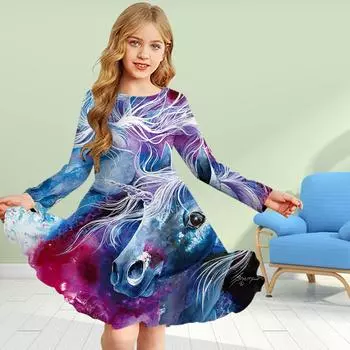 Повседневное платье для девочек с 3D-принтом, розовым рисунком в виде единорога, круглым вырезом и длинными рукавами, детское платье принцессы 80 фиолетовый