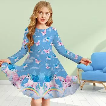 Повседневное платье для девочек с 3D-принтом и круглым вырезом, с длинными рукавами, в виде единорога, детское платье принцессы 80 синий