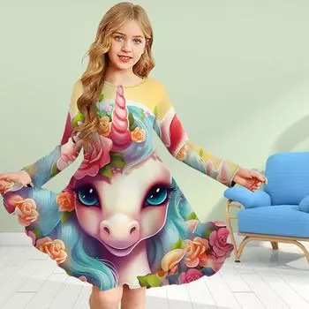 Повседневное платье для девочек с 3D-принтом, розово-красным единорогом, круглым вырезом и длинными рукавами, детское платье принцессы 80 синий