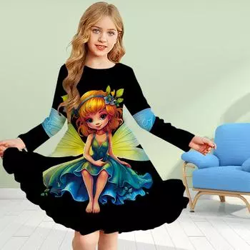 Повседневное платье для девочек с 3D-принтом, синее платье с круглым вырезом и длинными рукавами, детское платье принцессы 80 белый