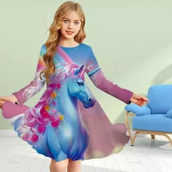 Повседневное платье для девочек с 3D-принтом и уникальным светло-фиолетовым принтом в виде зверя с круглым вырезом и длинными рукавами, детское платье принцессы 80 фиолетовый