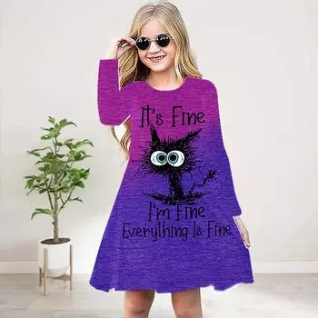 Повседневное платье для девочек с 3D-принтом, фиолетовым принтом в виде буквы «кошка», круглым вырезом и длинными рукавами, детское платье принцессы 80 фиолетовый