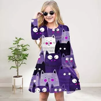 Повседневное платье для девочек с 3D-принтом и длинными рукавами, с круглым вырезом и принтом кота на весь экран, детское платье принцессы 80 фиолетовый