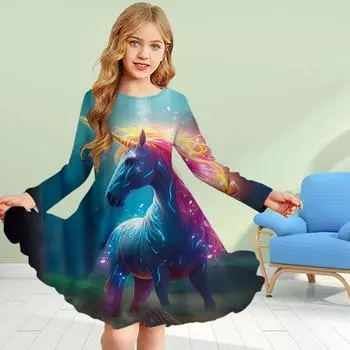 Повседневное платье для девочек с 3D-принтом, розовым кристаллом и единорогом, круглым вырезом и длинными рукавами, детское платье принцессы 80 синий