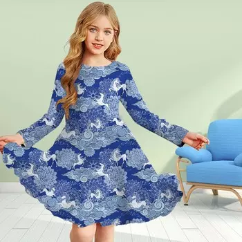 Повседневное платье для девочек с 3D-принтом, цветочным единорогом, круглым вырезом и длинными рукавами, детское платье принцессы 80 синий