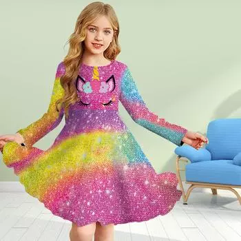 Повседневное платье для девочек с 3D-принтом, розовое, с круглым вырезом и длинными рукавами, детское платье принцессы 80 фиолетовый