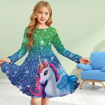 Повседневное платье для девочек с 3D-принтом и круглым вырезом, с длинными рукавами, с изображением единорога, детское платье принцессы 80 красный