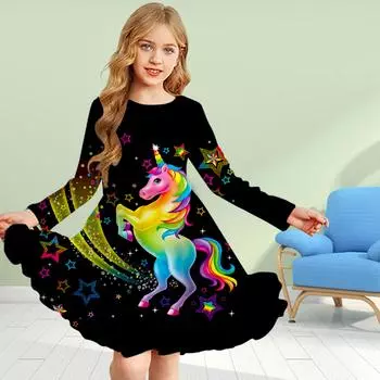 Повседневное платье для девочек с 3D-принтом, красным единорогом, круглым вырезом и длинными рукавами, детское платье принцессы 80 белый
