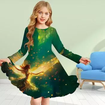 Повседневное платье для девочек с 3D-принтом и круглым вырезом, с длинными рукавами, с изображением фей и эльфов, детское платье принцессы 80 фиолетовый