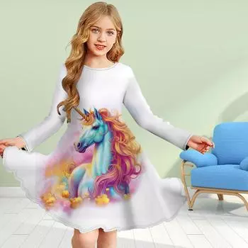Повседневное платье для девочек с 3D-принтом, оранжевой розой и единорогом, с круглым вырезом и длинными рукавами, детское платье принцессы 80 белый